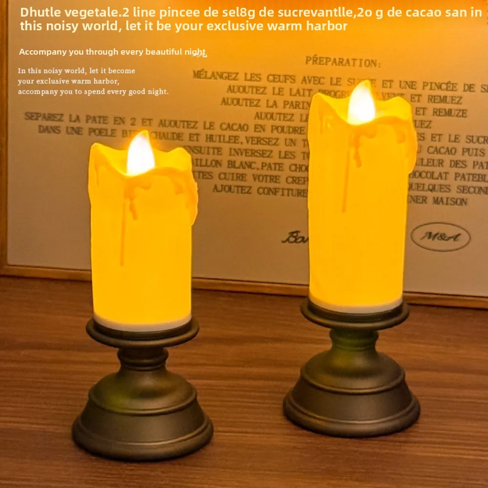 Simulation Electronic Candle with Wax Drip Effect Flameless Decoration Candlestick Night Light Ornaments