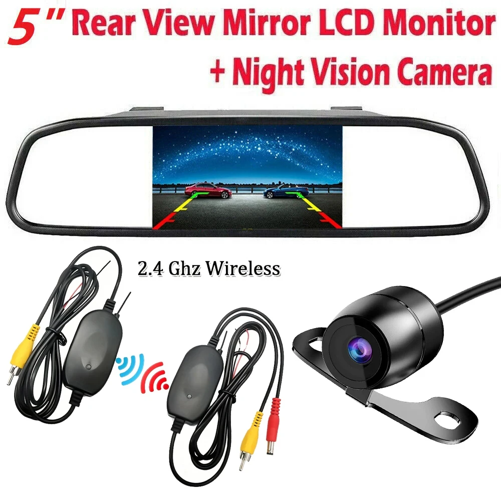 

5 inch Wireless Rear View Mirror Monitor + Car Backup Camera Kit Night Vison Camera for Car, Pickup, SUVs, Vans