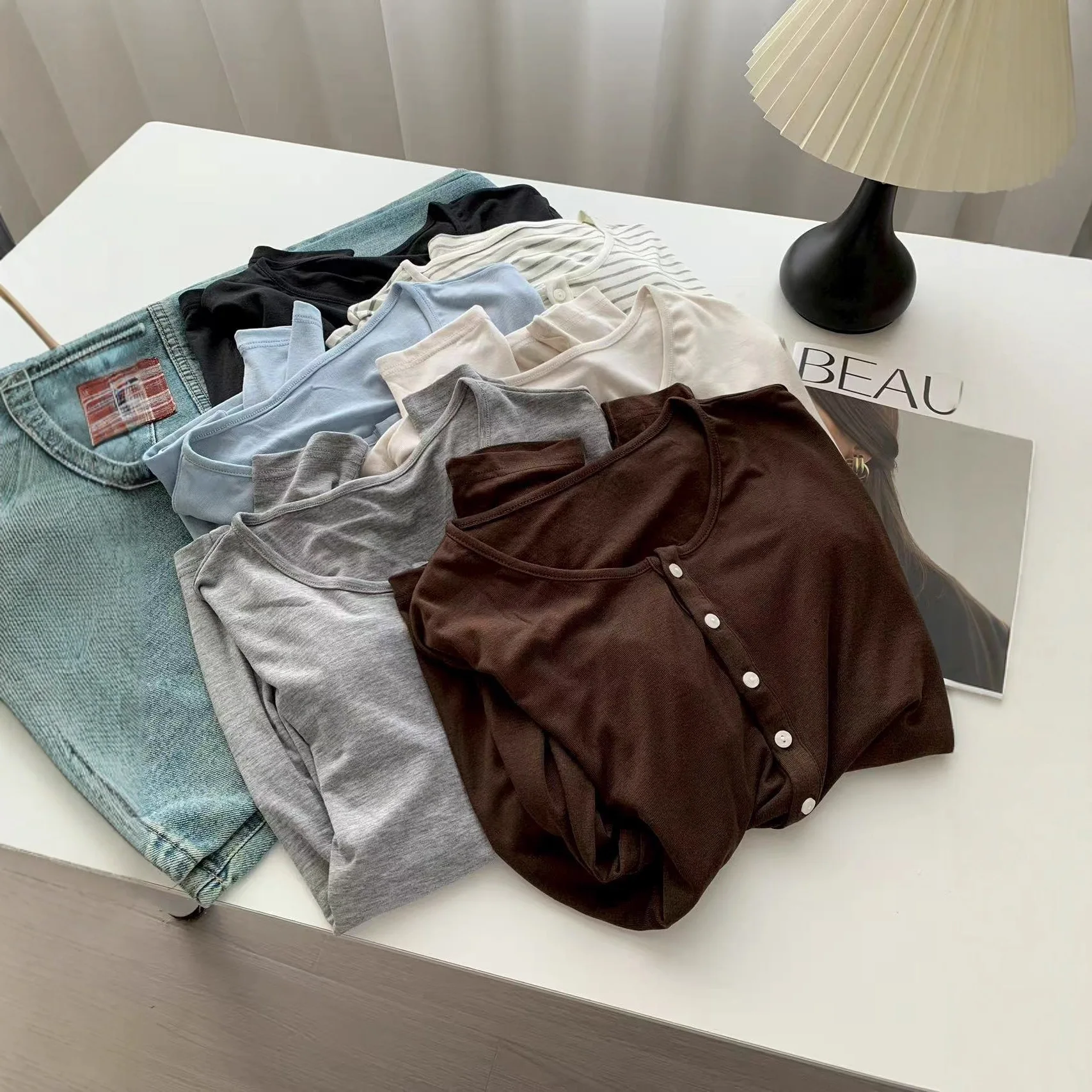 Classic Ladies Tencel Button Crew Neck Long Sleeve Early Autumn Solid Color Slim Fit Elastic Casual Knit Soft New Chic Tops