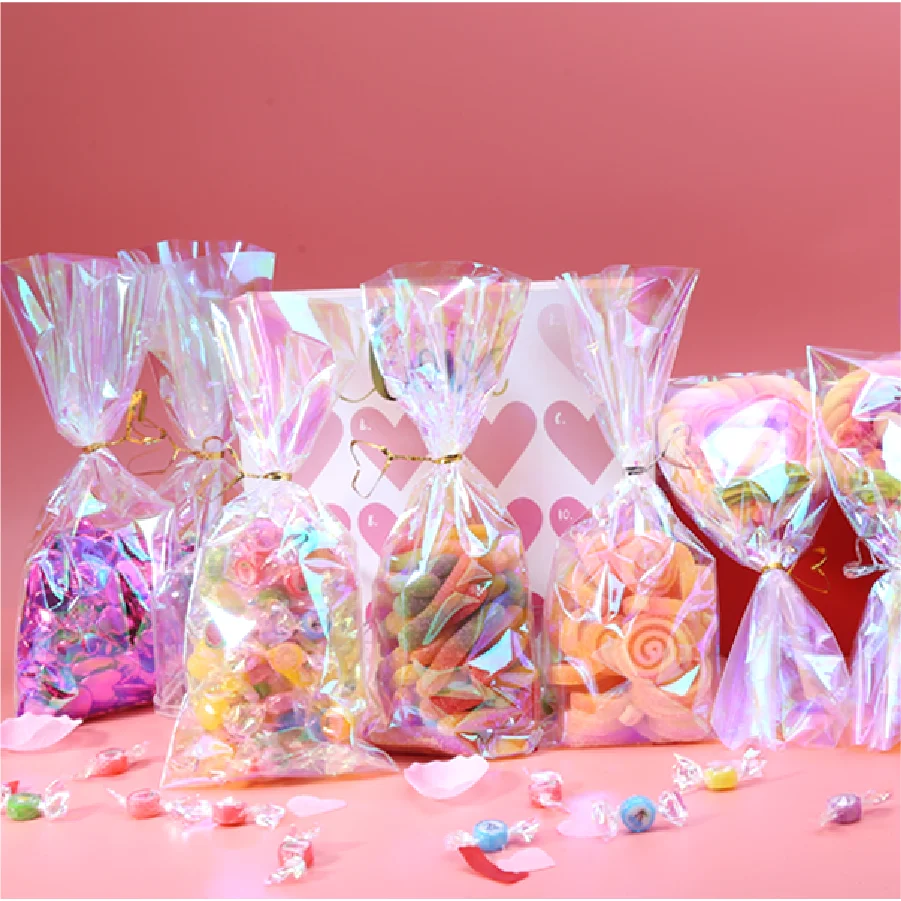 50pcs Iridescent film gift bag with twist ties - Rainbow Laser jewelry bags, Perfect for Biscuits & Candy packing