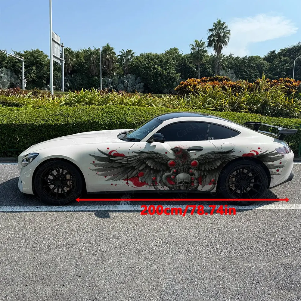 2pcs Red Stain Raven Skull Retro Weird Car Side Wraps, Self-Adhesive PVC Waterproof & Scratch-Resistant Stickers, Car Accessory