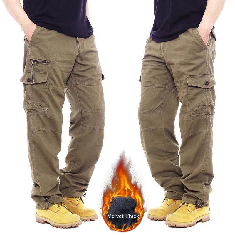 Multi Pockets Mens Cargo Pants Double Layer Thick Fleece Warm Military Tactical Outwear Cotton Casual Camouflage Baggy Trousers