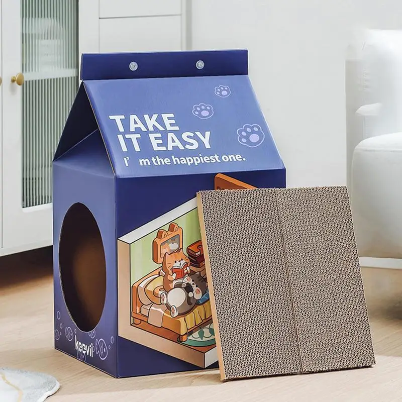 Cardboard Cat House Milk Box Shape Cat Scratching Cave With Scratch Pad Classic Detachable Scratching Board Interactive Box Toy