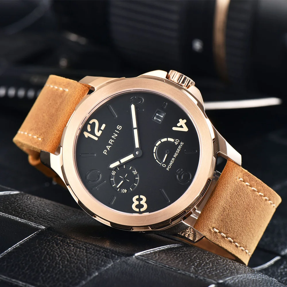 

Fashion Parnis 44mm Rose Gold Case Automatic Mechanical Men Watch Calendar Leather Strap Men's Luxury Watches orologio uomo 2023