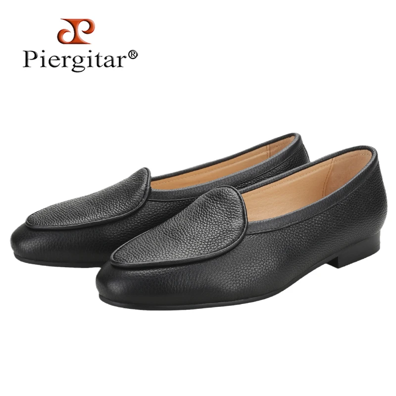 Piergitar Imported Italian Lychee Grain Black Color Calfskin Slip-On Men Flats For Office Or Weddings-Perfect Versatile Loafers