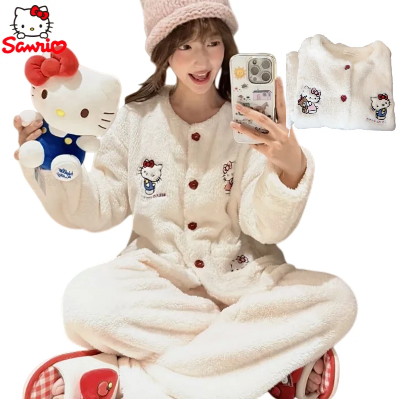 Hello Kitty tekenfilm cartoon schattige fleece gevoerde warme pyjama creatieve kawaii dikke loungewear-set met lange mouwen voor meisjes