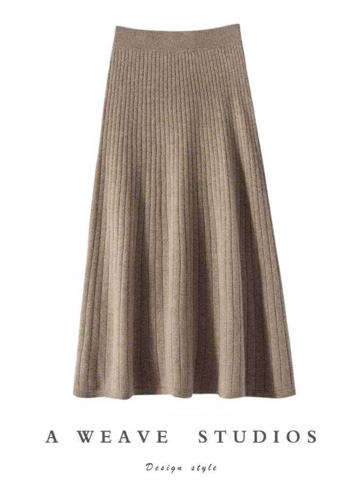 CHICUU Women 100% Cashmere Skirt Autumn Winter Long Pleated Skirt Autumn Winter Office Lady Grace Style Skirt Cashmere Knitwear