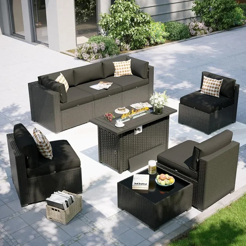 Aoxun Patio Furniture Set with Fire Pit Table, 8 Piece Outdoor Sectional Sofas, Wicker Rattan Outdoor Furniture with Thickened
