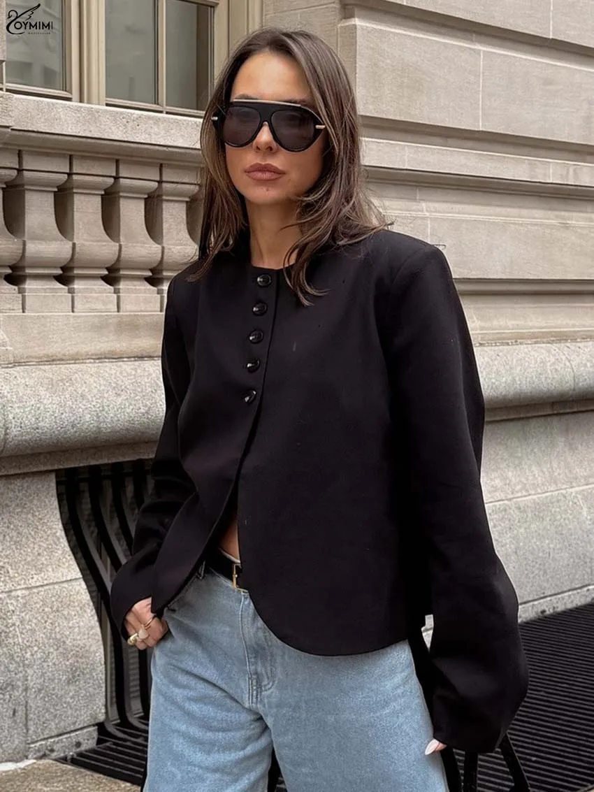 Oymimi mode noir col rond femmes Blouse automne décontracté à manches longues simple boutonnage chemises élégant solide mince Blouse Streetwear