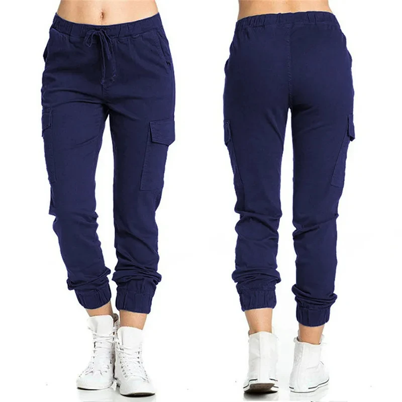 New Solid Jogger Women's Cargo Pants Multi-Pocket Drawstring Elastic Waist Women Sports Pants Streetwear Casual Long Pant