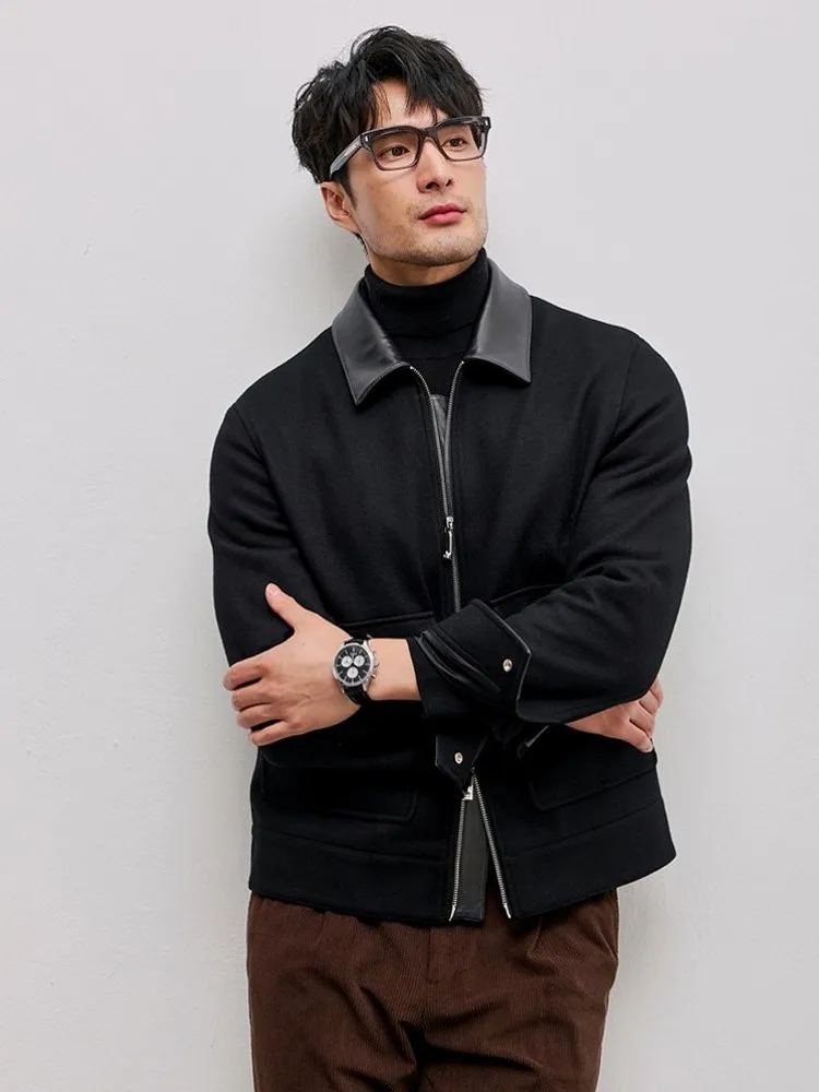 Hot Sale Autumn Winter Mens Spliced Sheepskin Bomber Jacket High Quality Work Male Turndown Collar Jackets Zipper Leisure Coat