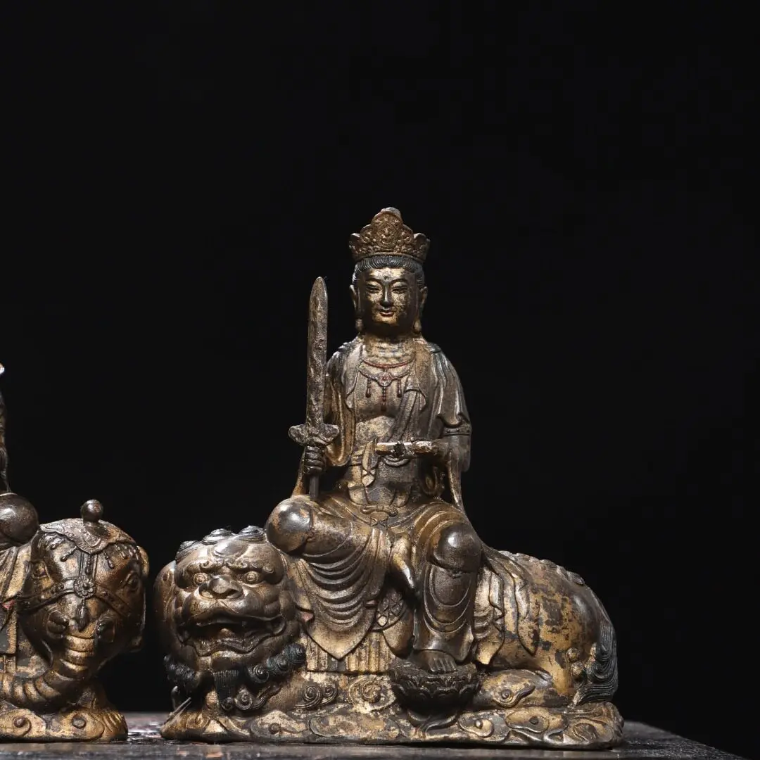 Handmade Brass Vintage Gold Rubbed Manjusri Samantabhadra Statue Home Altar Desk Decor