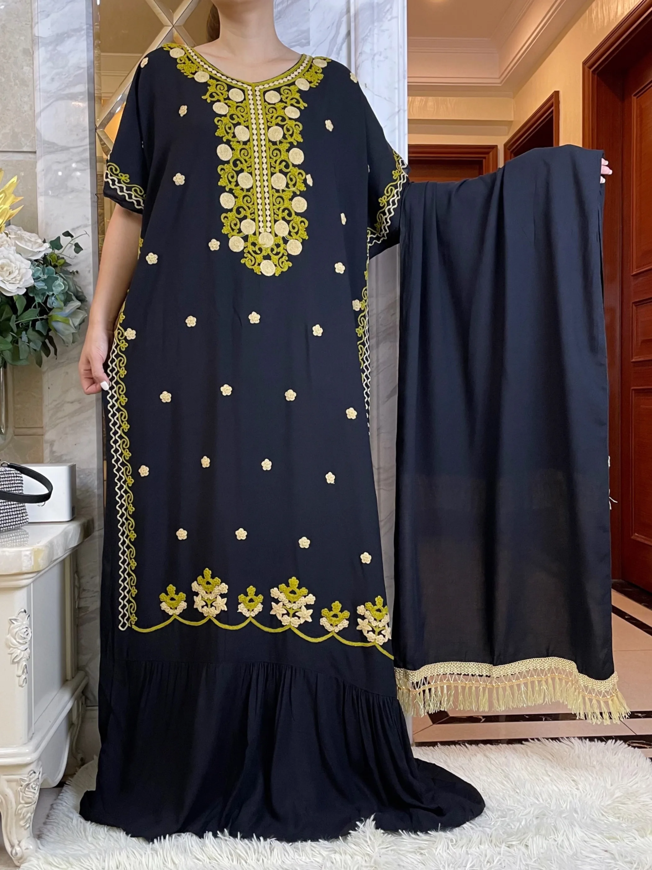 Nuovi abiti estivi in cotone con orlo grande manica corta ricamo africano Dashiki Abaya caftano elegante Lady Dubai Maxi Casual