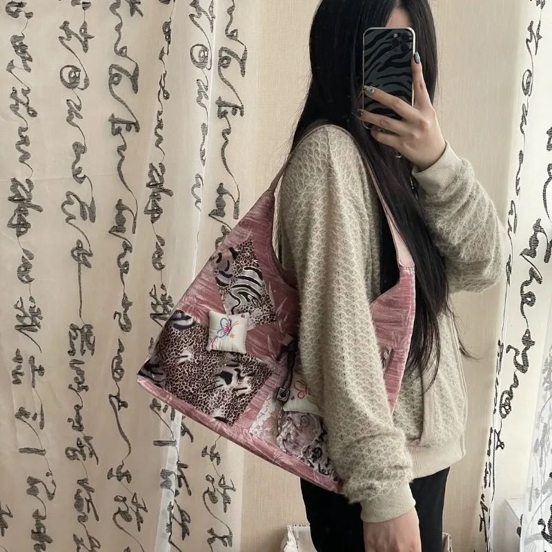 MBTI Y2k Vintage Tote Bag Aesthetic Patchwork Fashion Chinese Style Leopard Print Shoulder Bag Original Designer Ladies Handbag