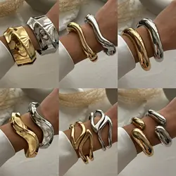 Punk Gold Color Chunky Geometric Cuff Bangles for Women Men Vintage Metal Wide Spring Bracelet Hip Hop Jewelry Gifts Pulsera