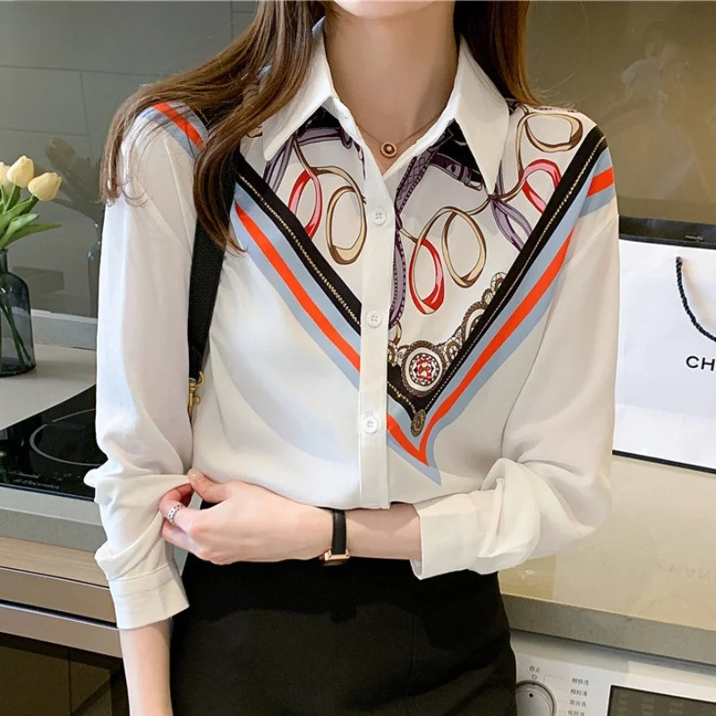 

Korean Sle Casual Loose Print irt Women's Spring Autumn 2026 New Slimming Long Sve Chiffon Top Straight Cut Button Detail