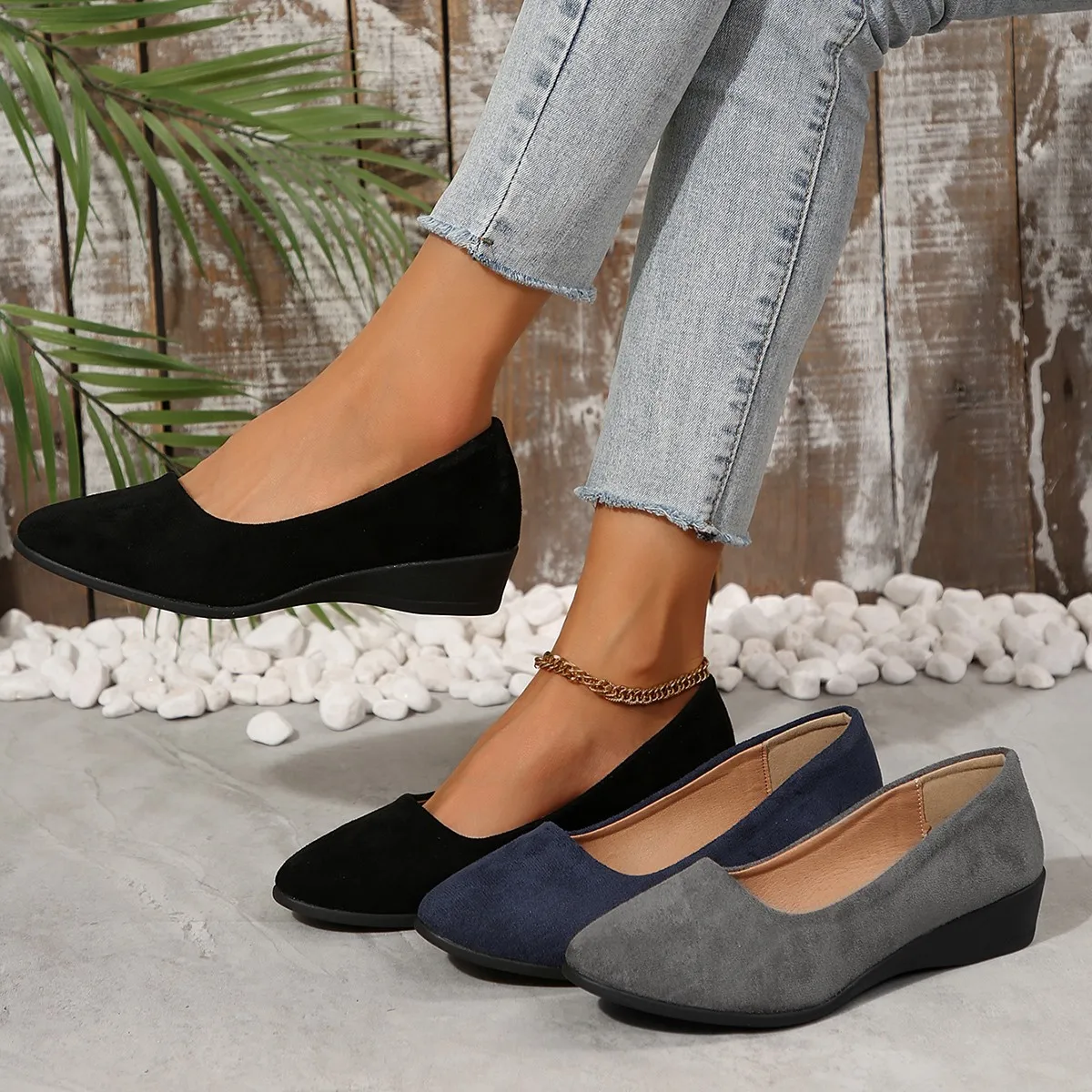 Women Lightweight Low Wedge Shoes Solid Suede Material Simple Plain Design Slip On Style Comfort All-match Casual Dress Footwear