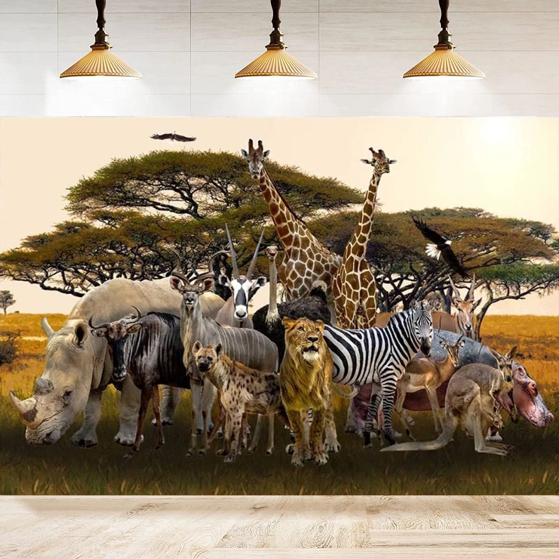 

Tropical African Forest Jungle Safari Scenic Photography Backdrop Banner Realistic Animals Giraffe Antelope Lion Background