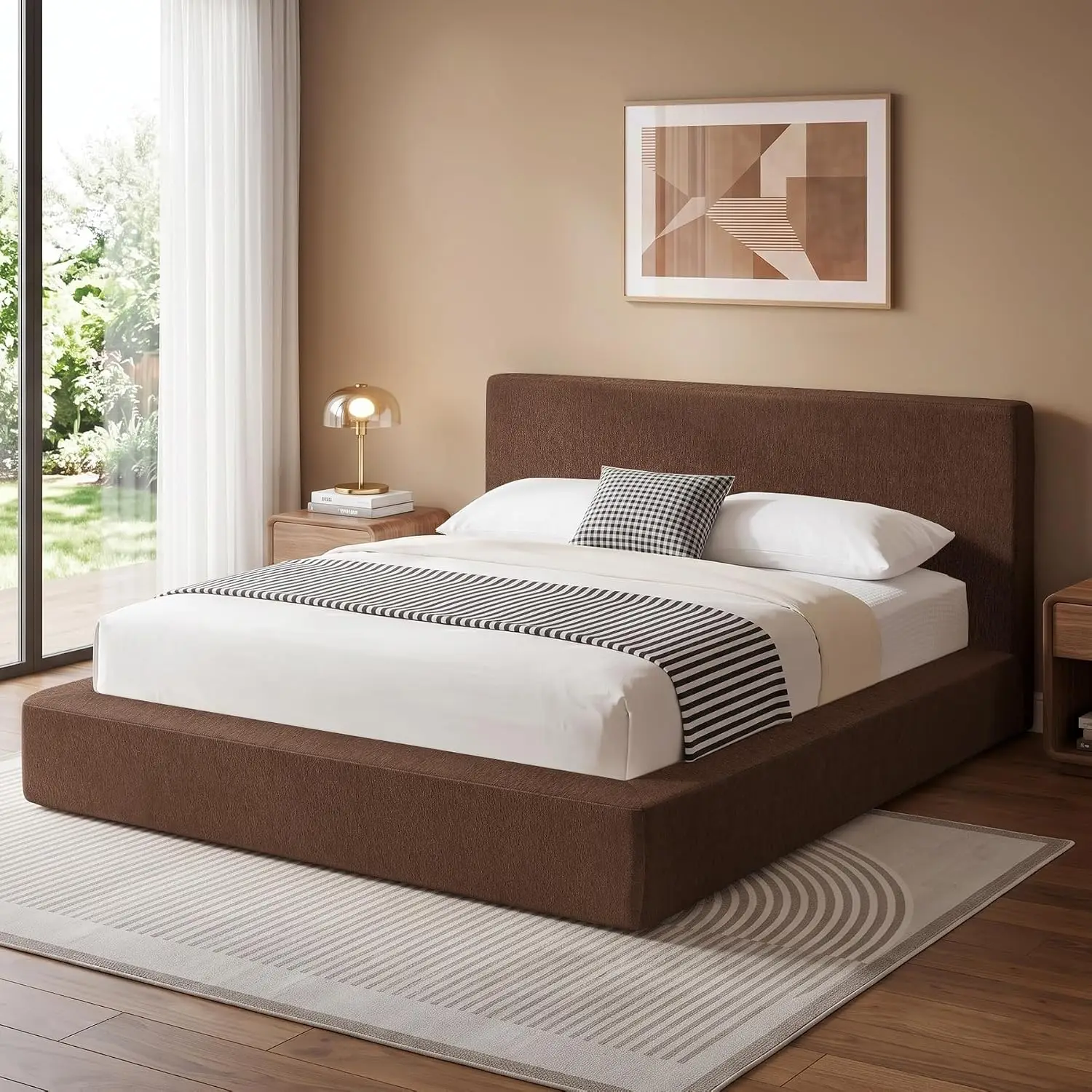 Queen Size Bed Frame With Headboard, No Box Spring Required, Brown, Customized