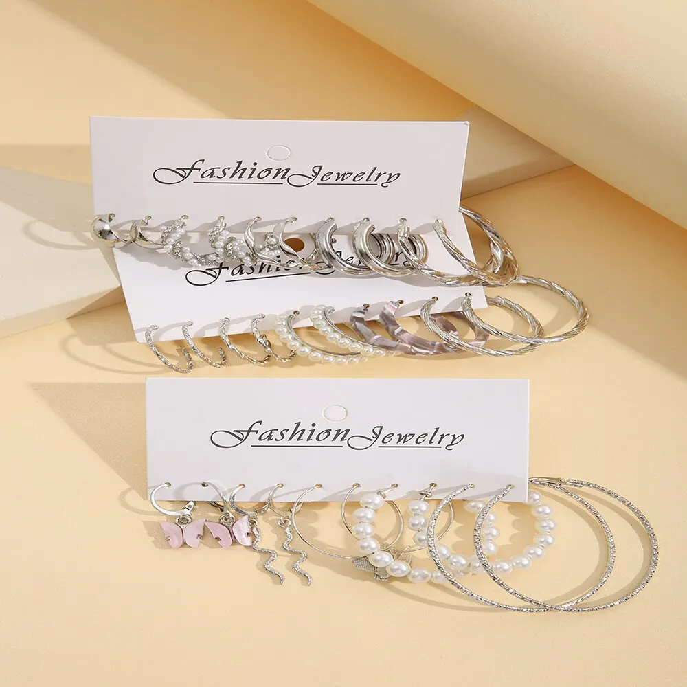 15Pairs Suit Of EarringsNew Style Creative Simple Temperament Lady Fake-pearl Butterfly Snake Fake-pearl Earring Silver-color image 3