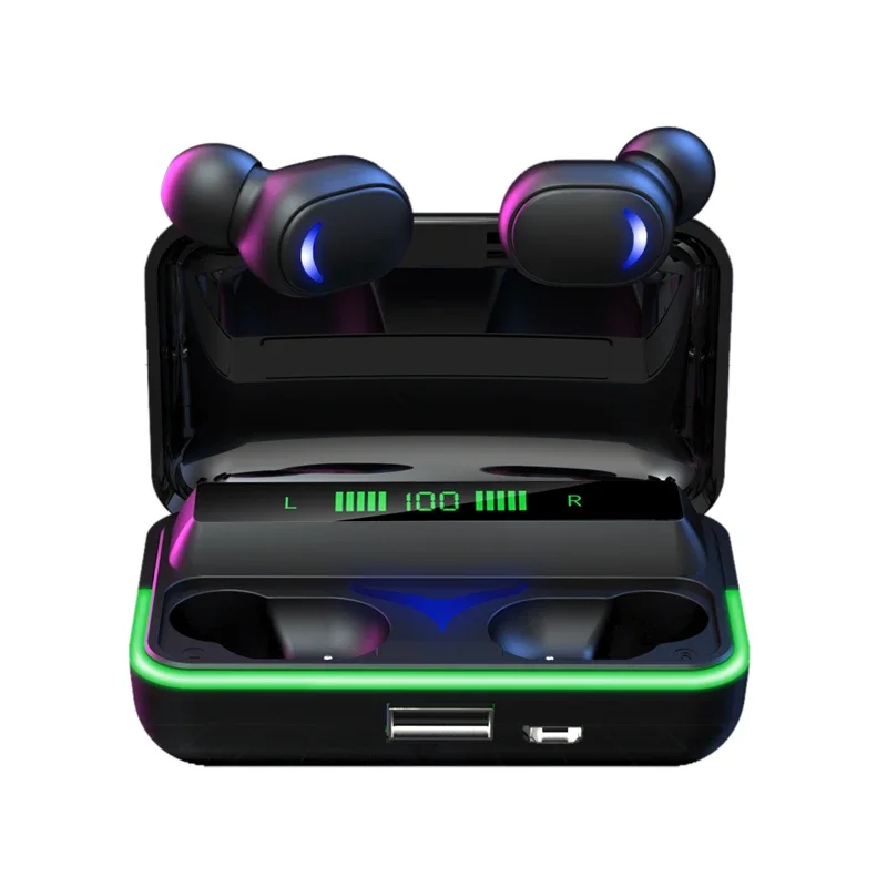 Wireless Earbuds Gaming Headset Mini Bluetooth Earphones Hands-free Mic Cell Phone Headphones w 1200mAh Power Bank Charging Box