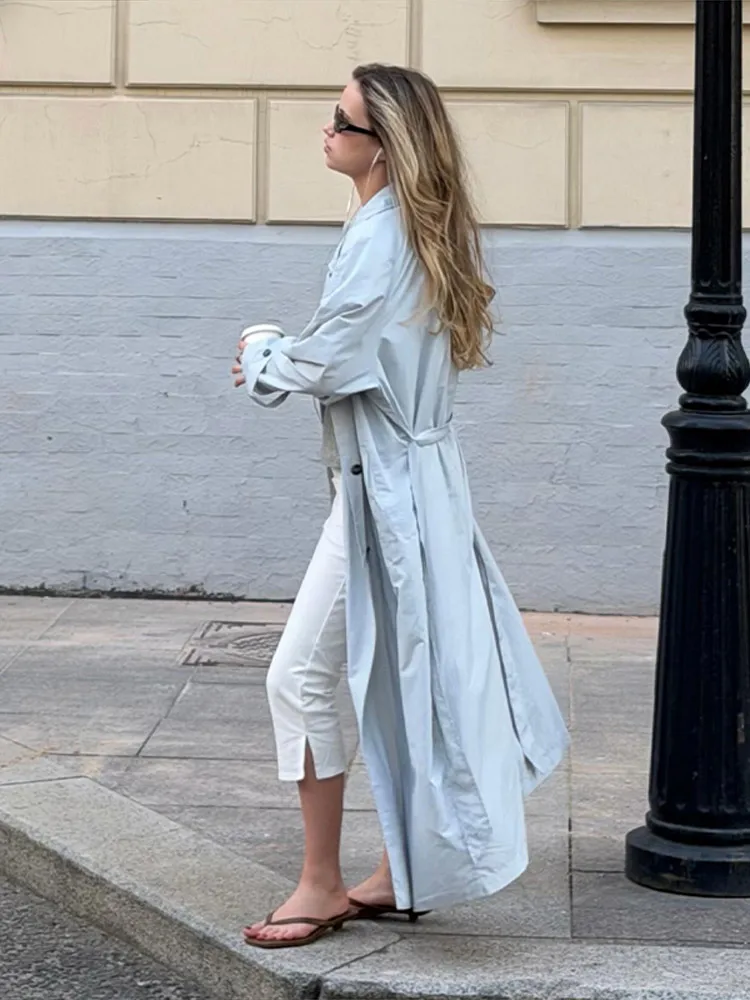 Damenjacken mit Revers, Einreihig mit Gürtel, Dünne Trenchcoats, Streetwear für Frauen, Langarm, Einfarbig, Lockerer Mantel, Neue Damen-Oberbekleidung – Detail 9