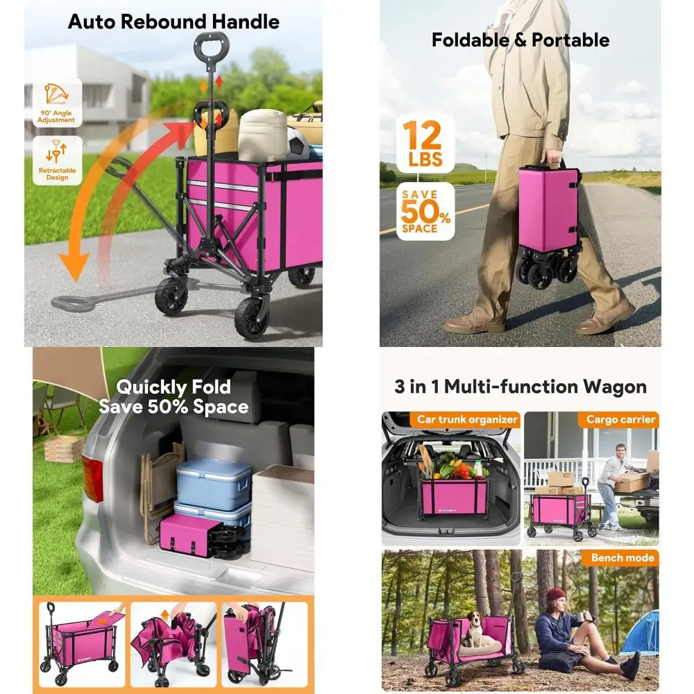 

Collapsible Utility Wagon with Bench, 220lbs Capacity, 120L Storage, Suitable for Shopping, Beach, Garden, Camping, and Sports,