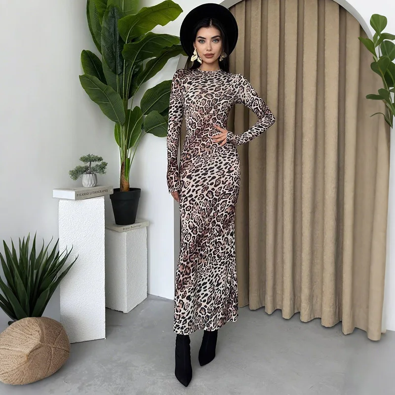 

O-Neck Leopard Print Women Autumn Evening Dress Long Sleeve High Waist Evening Skirt Sheath Slim Party Gown New Arrival In Stock