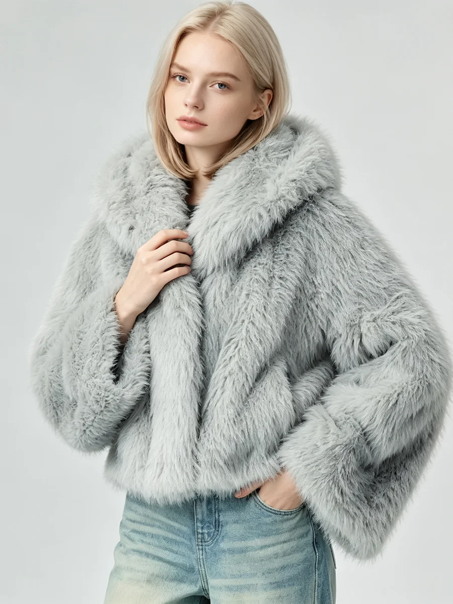 Women Hooded Faux Fur Short Coat Beige Fluffy Oversized Jacket Winter Warm Luxury Outerwear