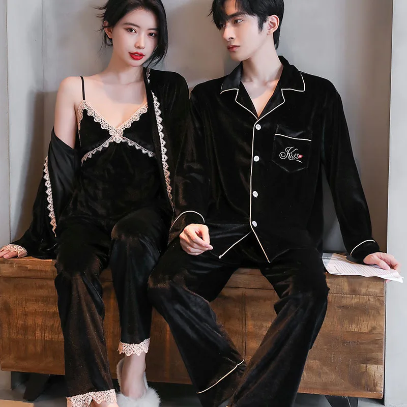 Couple Velvet Pajamas Suit Lovers Sleepwear Men 2Pcs Nightwear Autumn Women Velour Robe Sling Pants 3Pcs Home Wear