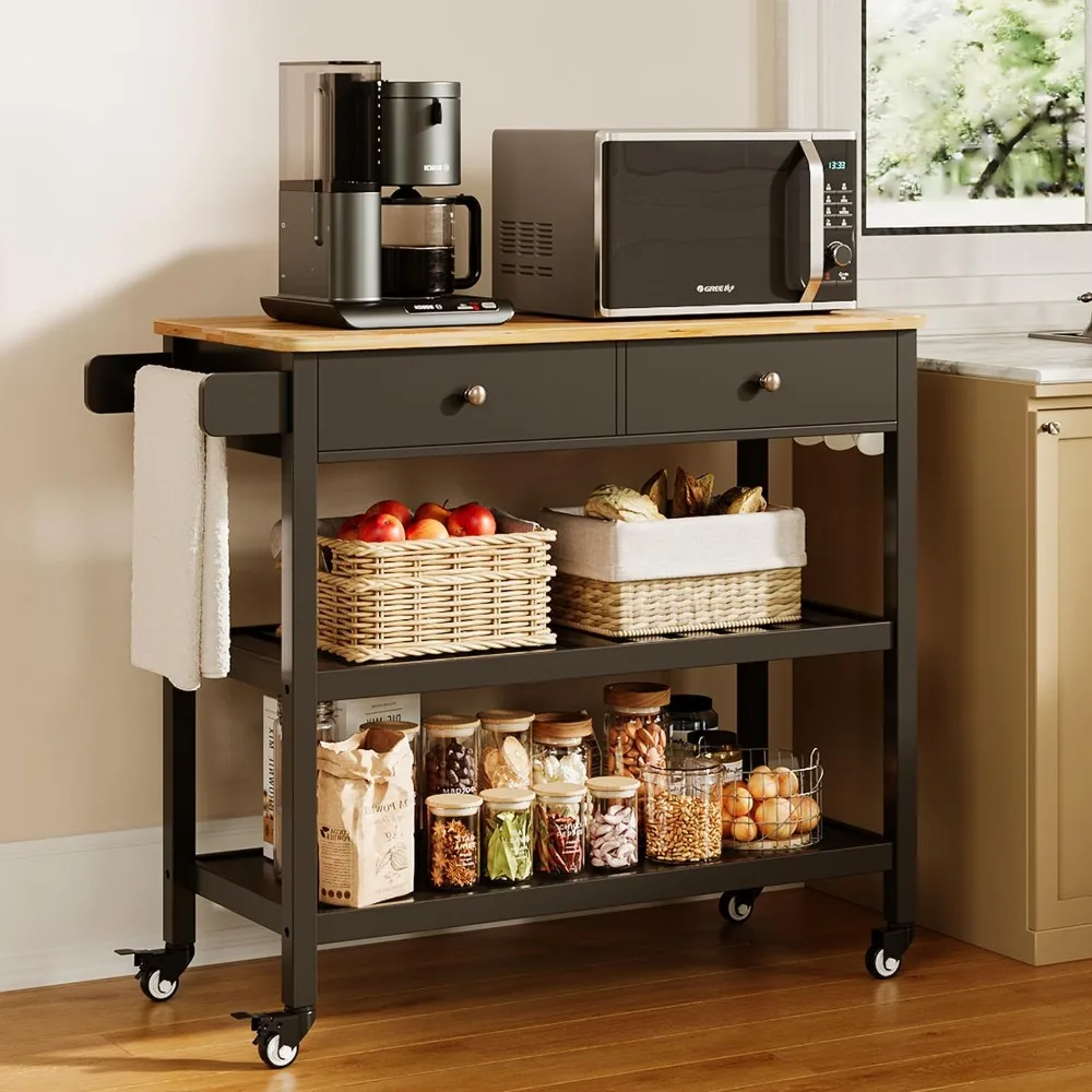 

Kitchen Island Cart with Storage, 40’’ Wooden Top, 2 Tiers Spacious Shelves and Towel Bar, 2 Drawer Mobile Trolley Cart On Metal