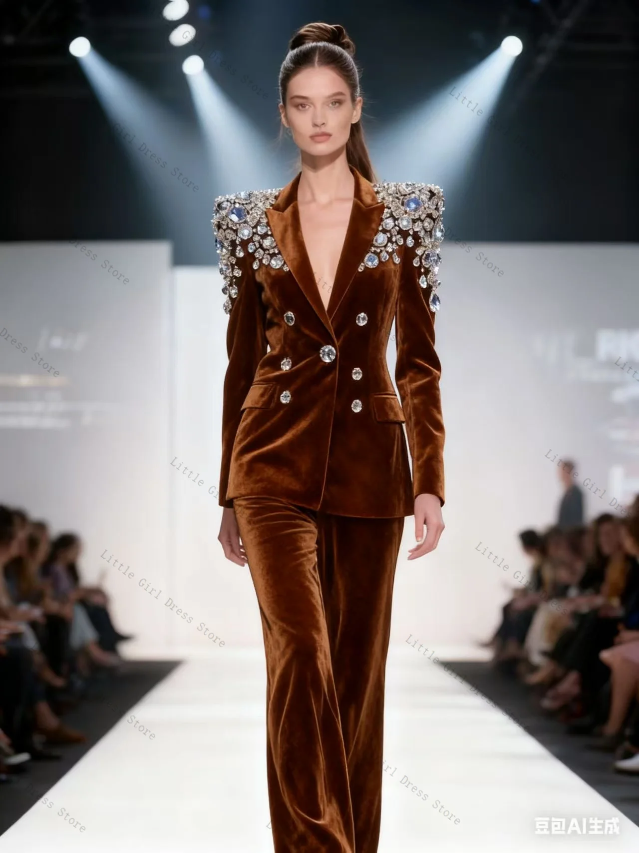 

Velvet Brown Women Suit Set 2 Piece Blazer Pants Trouser Shiny Crystals Formal Office Lady Jacket Prom Wedding Coat Customized