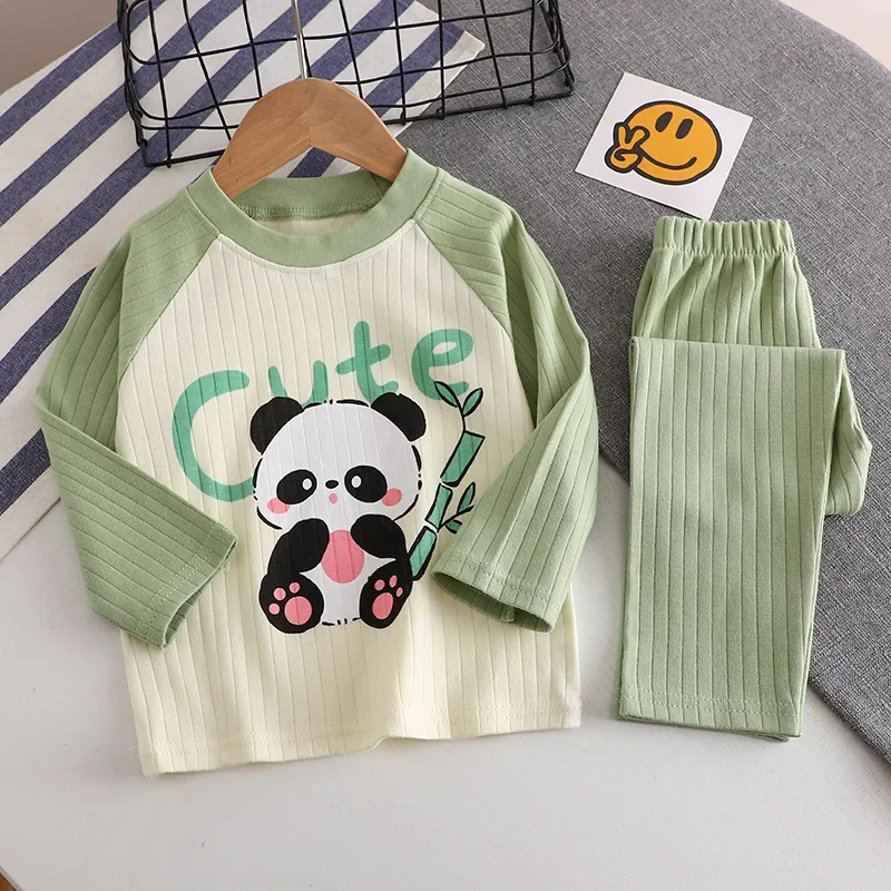 Pyjama chaud à col rond pour bébé garçon et fille, ensemble de sous-vêtements, t-shirt, pantalon, dessin animé, animal, mignon, automne, nouveau