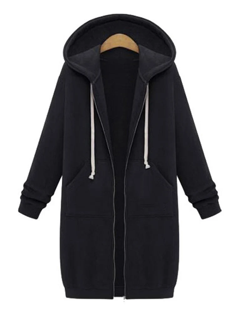 2023 Autumn Women Casual Long Hoodies Sweatshirt Coat Pockets  Outerwear Hooded Jacket  Tops