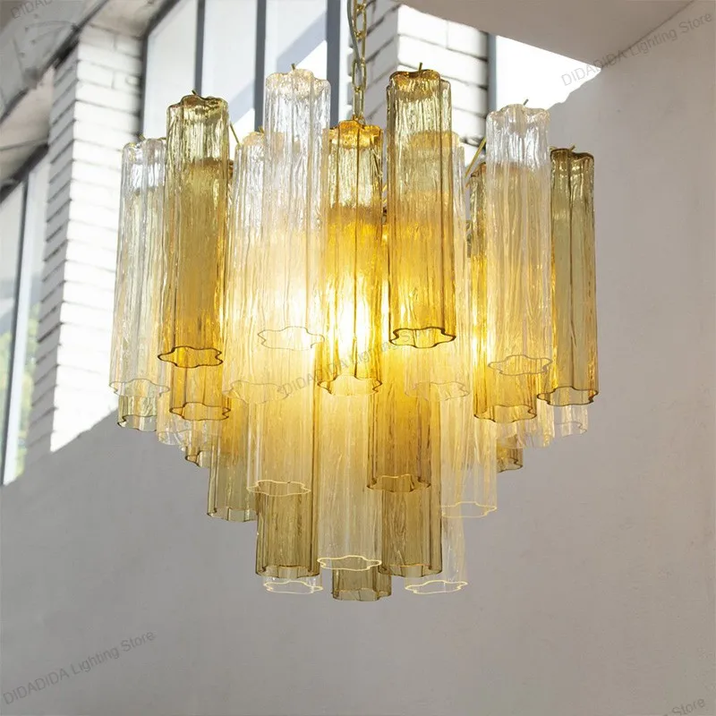 2026 New French Smoke Gray Murano Glass Lustre Chandelier, Star Tube Frosted Pendant Lamp for Villa, Light for Ceilings