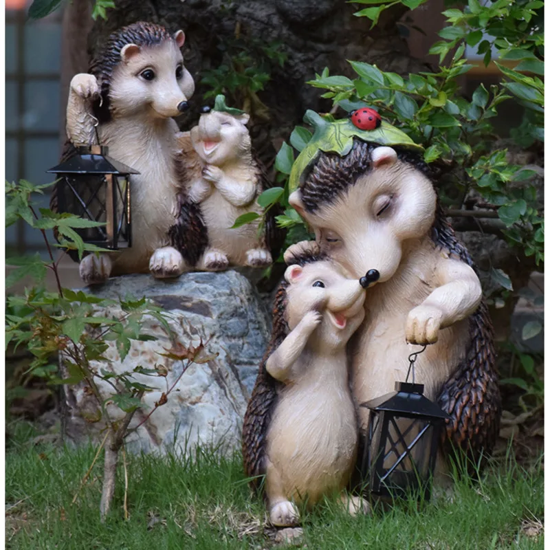 Outdoor Creative Garden Ornaments Parent Child Hedgehog Courtyard Decor Simulation Animal Sculpture Homestay Landscape Lawn Lamp