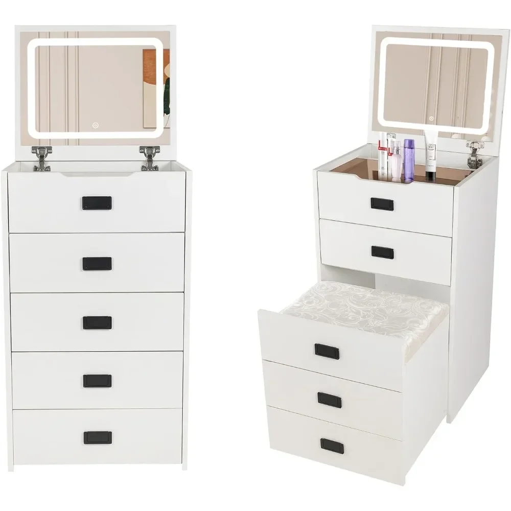 White Make-up Dresser with Clamshell 3 Lighting, Color Adjustable, with Internal Storage Area, with Storage Make-up Stool