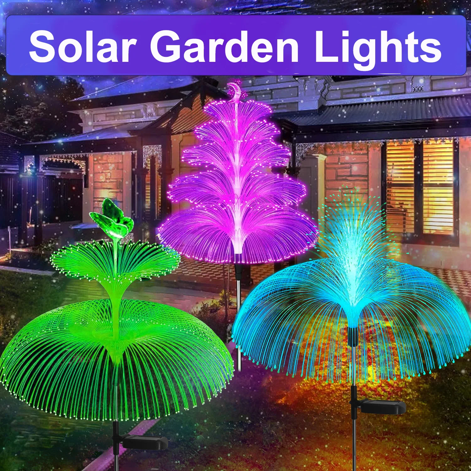 Solar Garden Lights Outdoor Waterproof Christmas Tree Lights Optical Fiber 7 Color Changing for Yard Pathway Decorative Gifts