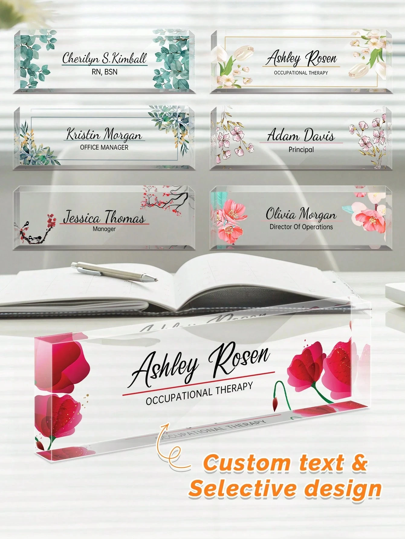 لوحة اسم أكريليك مخصصة مقاس 20*6 سم للمكتب، 12 أنماط زهرية، هدية تخرج مخصصة للمكتب للجميع، العودة إلى المدرسة