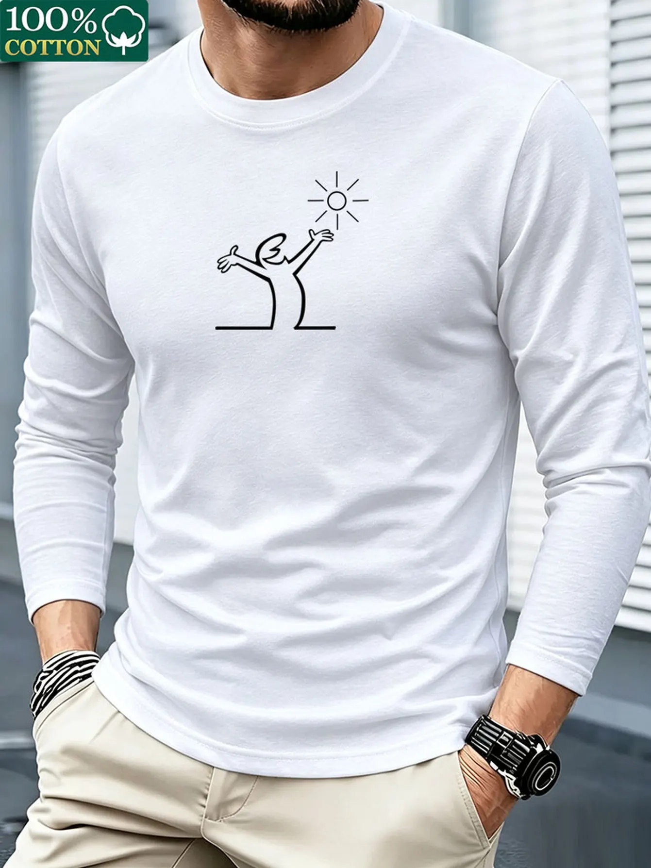 Men 100% Cotton Long Sleeve T Shirt Crew Neck Casual Comfort Versatile Basic Top Outdoor Leisure Spring Autumn Clothes