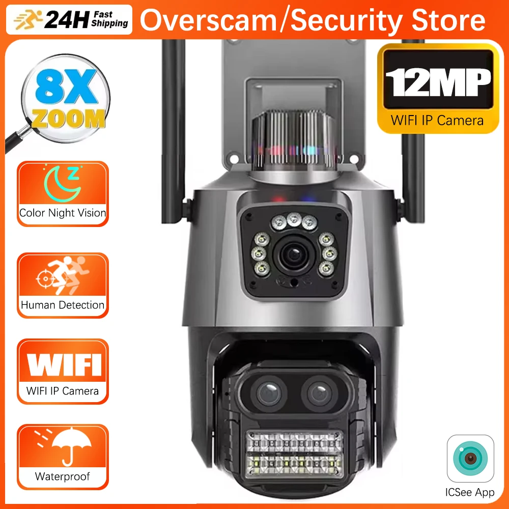 ICsee 12MP 6K WiFi IP Camera Outdoor Three Lens Dual Screens 8X PTZ Zoom Video Auto Track Security Protection Surveillance Onvif