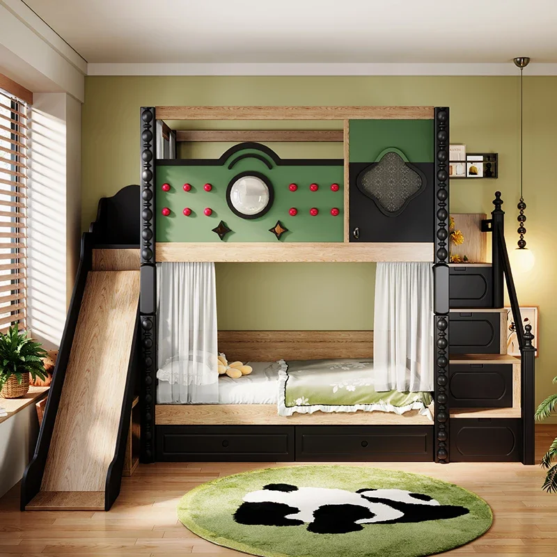 Medieval upper and lower beds Bunk beds, multi-functional all-solid wood, children's beds double