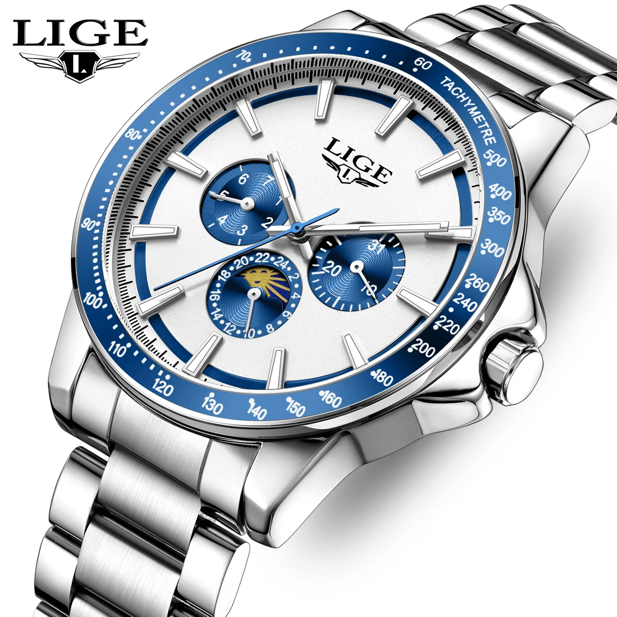 

LIGE Top brand luxury watches mens Business Luminous Calendar Men's watches Moon phase Waterproof quartz watches for men reloj
