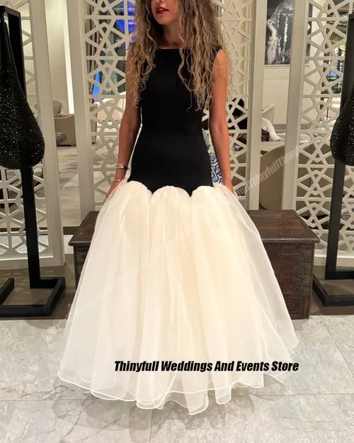 Thinyfull A-line Black Arab Prom Dresses O-neck Sleeveless Satin/Tulle Evening Gown Long Special Occasion Dress Customized