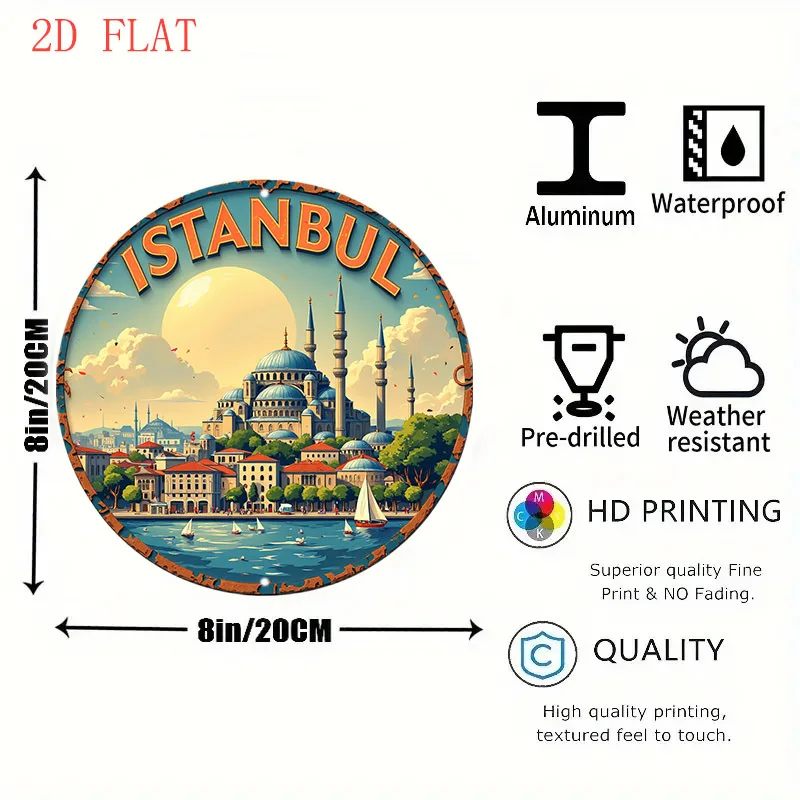 لوحة فنية جدارية مسطحة ثنائية الأبعاد، قطعة واحدة من اسطنبول سيتي سكيب - لافتة ألومنيوم مستديرة مقاس 8 بوصات مع تصميم قصر سعيا وصوفيا توبكابي، ألوان نابضة بالحياة #2
