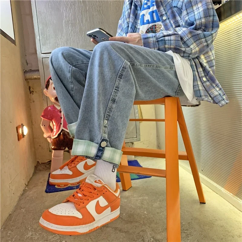 Autumn Men's Plaid Cuffs Wide-leg Jeans Fashion Straight Denim Pants Hombre Elastic Y2K Streetwear Baggy Blue Jean Trousers