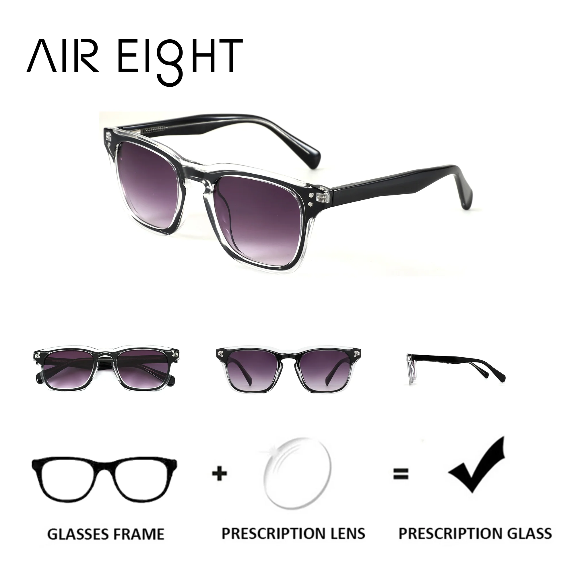 AIREIGHT M Size Square Polarized Prescription Sunglasses UV400 Myopia Optical Lenses with Custom Receta for Women Men