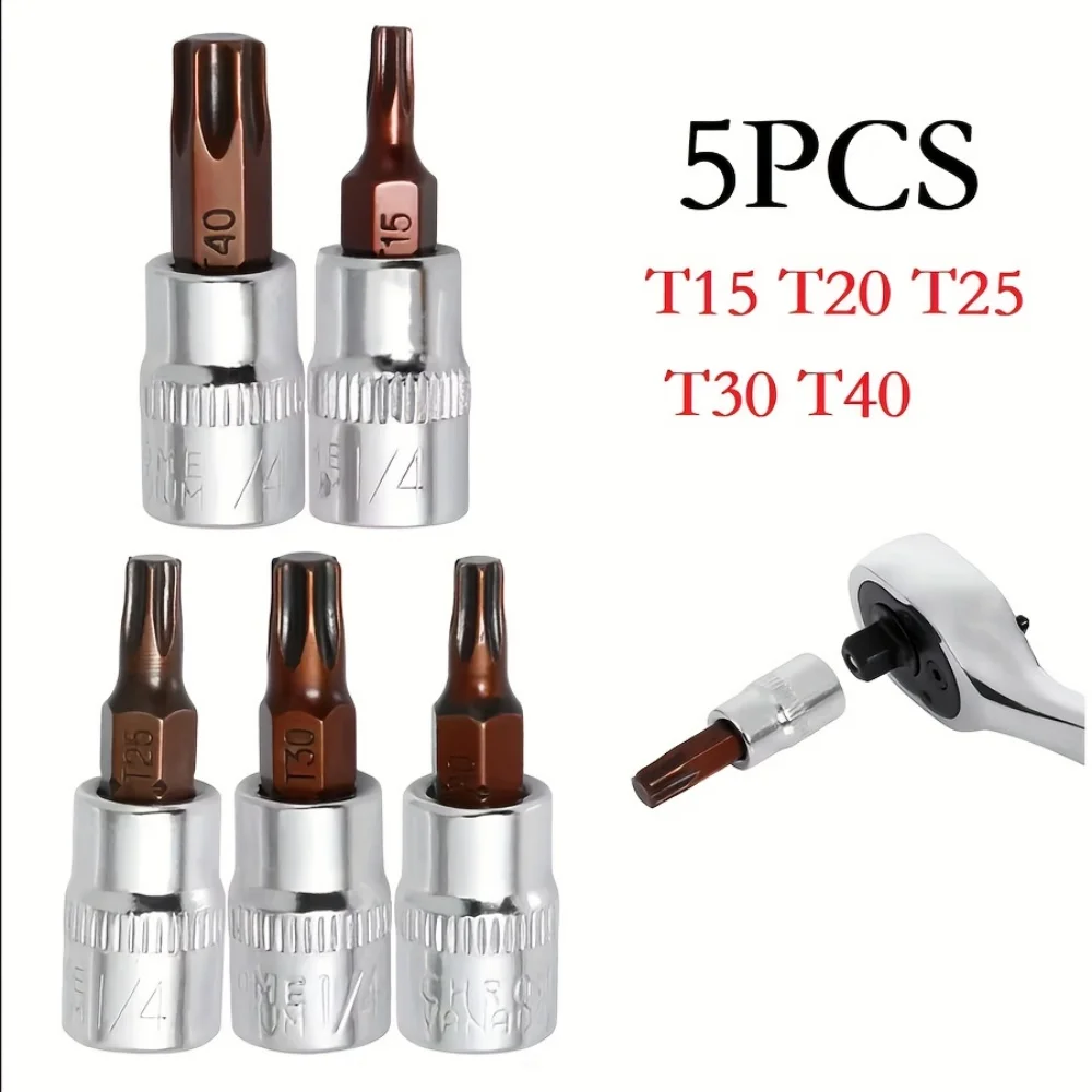 

5pcs Torx Socket Bits 1/4 Inch Drive Socket Head Screwdriver Bits T15-T40 Quick Sleeve Batch Head Wrench Adapter Hand Tools