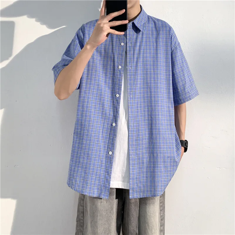 Men Black Plaid Shirt 2024 New Summer Fashion Chemise Homme Checkered Short Sleeve Blouse