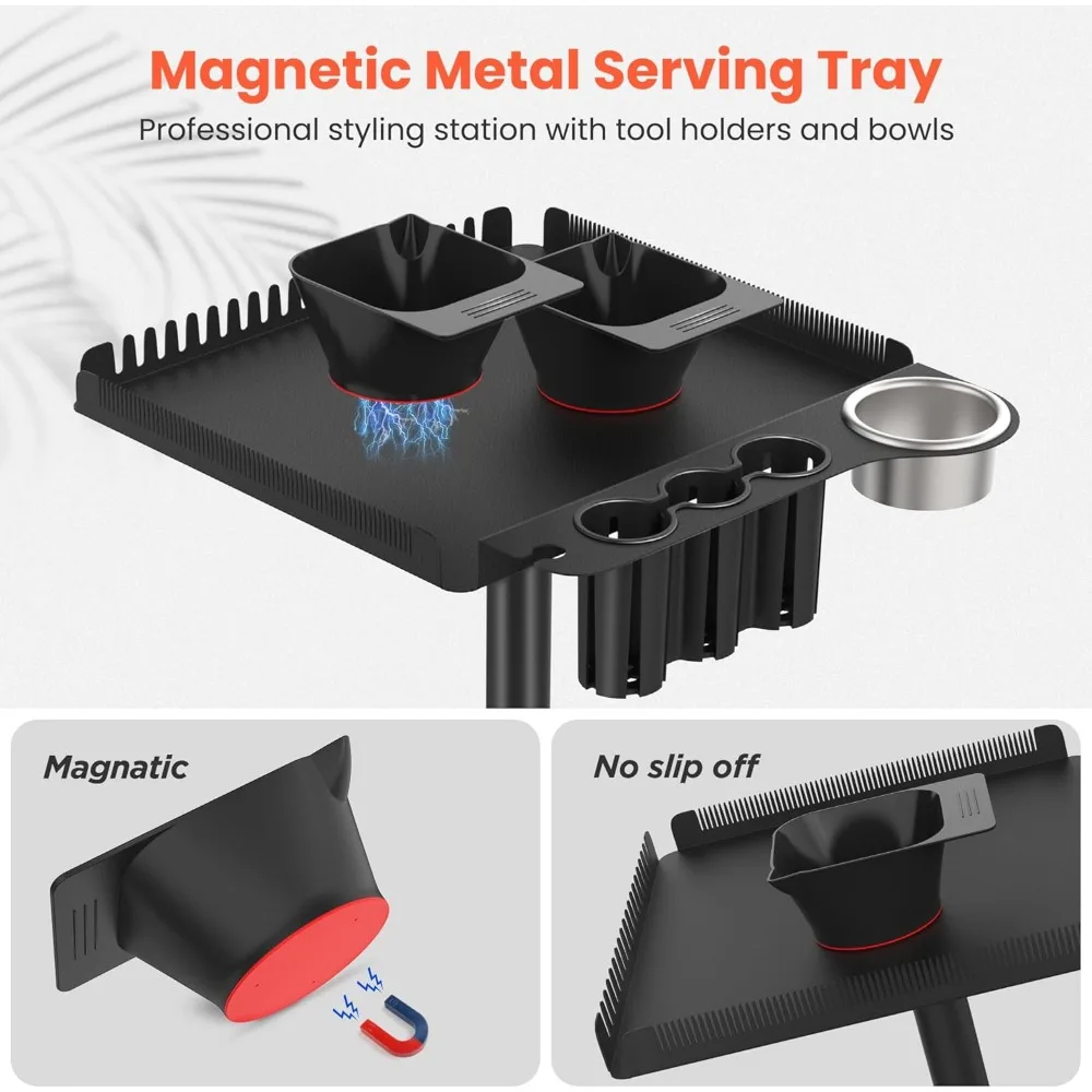 Rolling Salon Tray on Wheels, Metal Hairstylist Tray with Holder and Hair Separator Stand with 2 Magnetic Hair Color Bowls